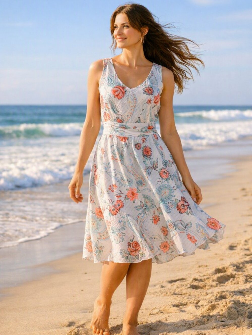 Two Star Dog Linen Medium Fit & Flare Dress Floral Sleeveless Sundress